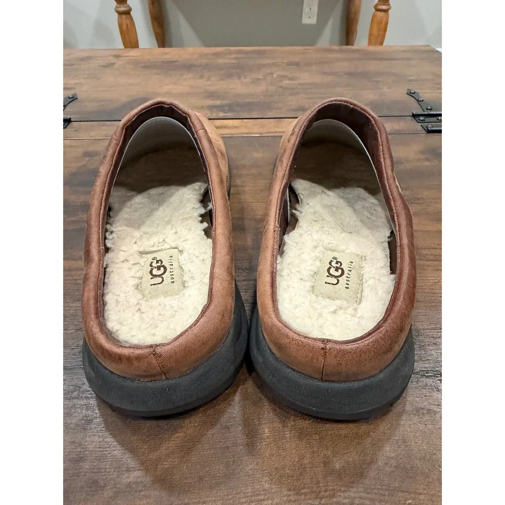 UGG Men's Size 9.5 Brown Leather Shearling Lug Sole Mules Gorpcore Slip on